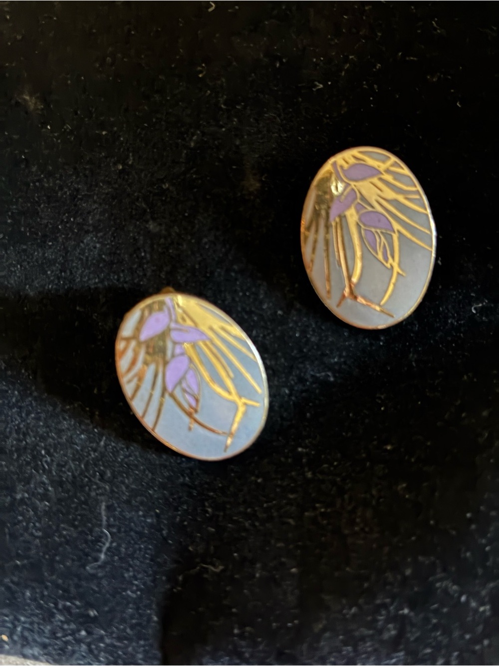 Vintage Isle of Skye cloisonné Enamel Oval Clip-On Earrings - Lavender &